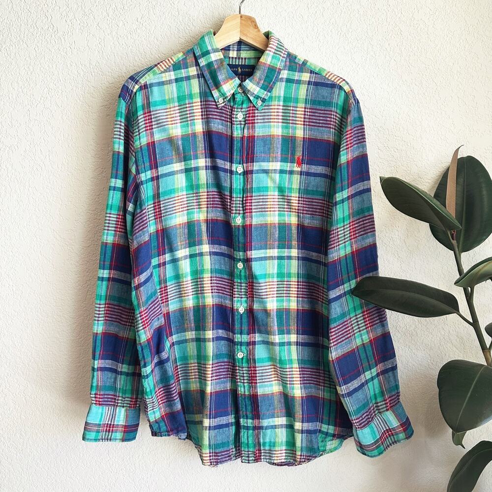 Ralph Lauren 100% Linen Plaid Button Up Shirt XL Long Sleeve Preppy Old Money
